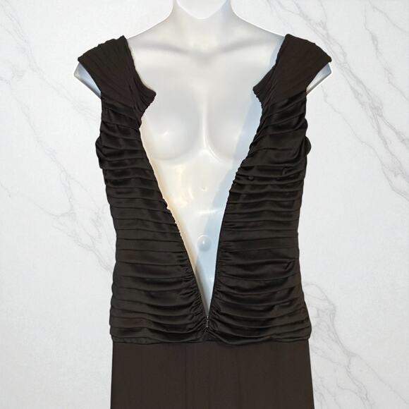 Vintage Y2K Tadashi Silk Evening Gown 12 Rhinestone Brooch V Neck Ruched Dress - Picture 11 of 12